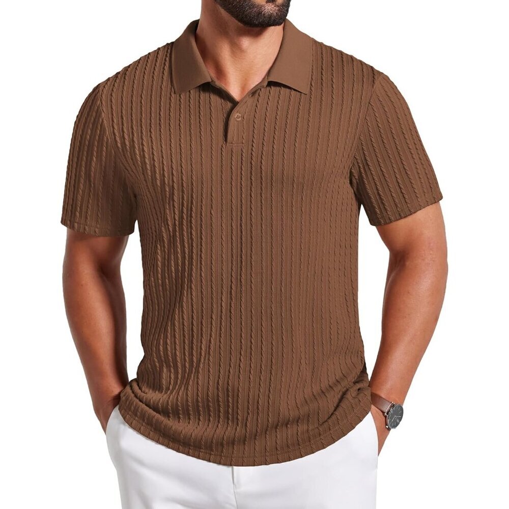 Men's Brown Polo Textured Knit Button Casual Short Sleeve Imported Shirts